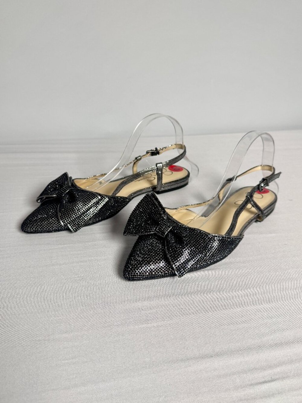 10 Jessica Simpson Chorla Black Rhinestone Bow Slingback Pointy Flat Shoes